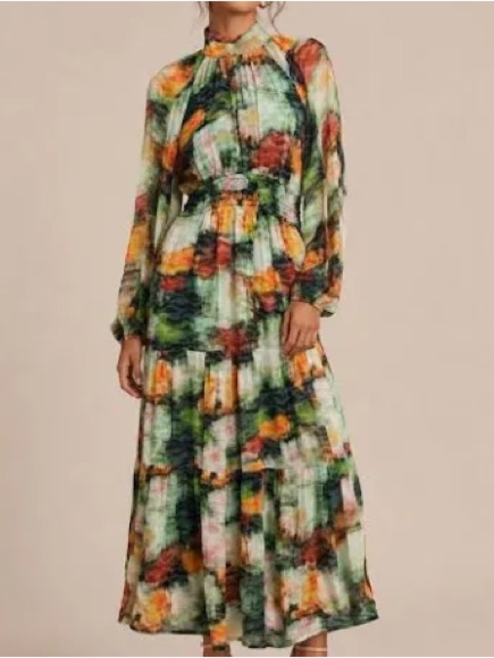 Anthropologie Green Multi Floral Tiered Maxi Dress
